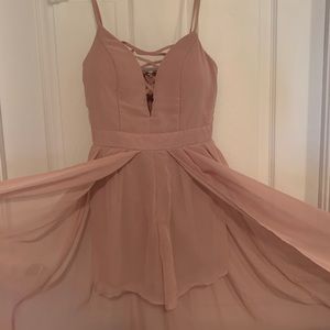 Long formal pink dress.